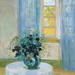 Living Room with Lilac Curtains and Blue Clematis - Anna Ancher
