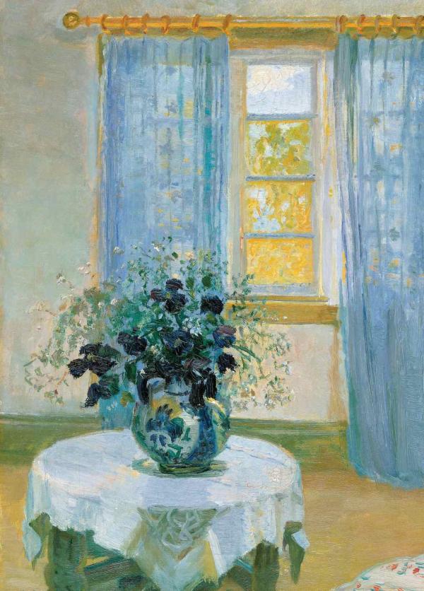 Living Room with Lilac Curtains and Blue Clematis by Anna Ancher